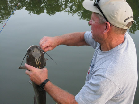 The Fish Jerry Boan unhooking Elis catfish. That thing almost took Eli under!